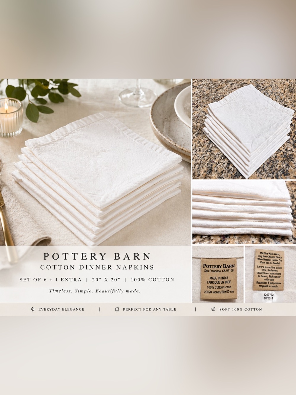 Pottery Barn Set of 6 Cotton Dinner Napkins 20x20 White Beige Farmhouse 1 Extra